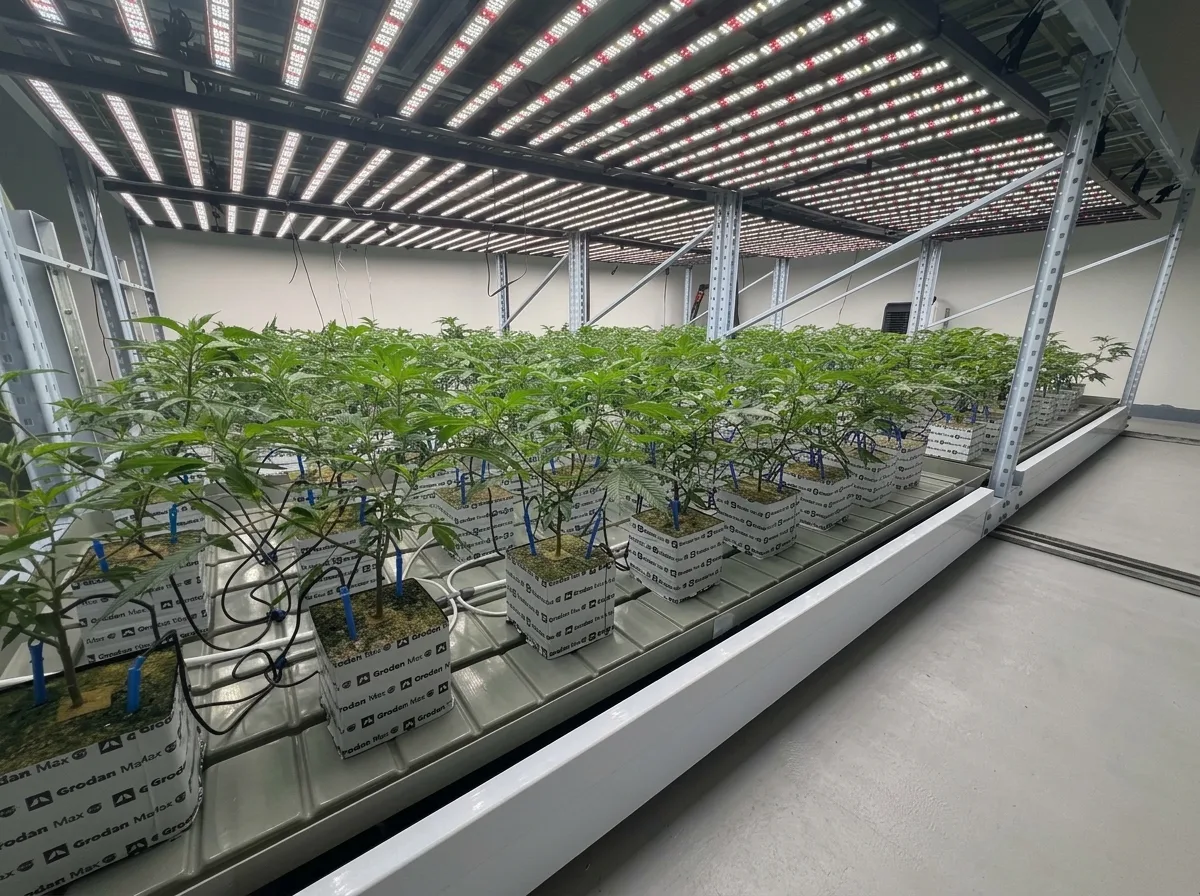 Vegetative cannabis plants on a bench under LED lighting in an indoor cultivation room